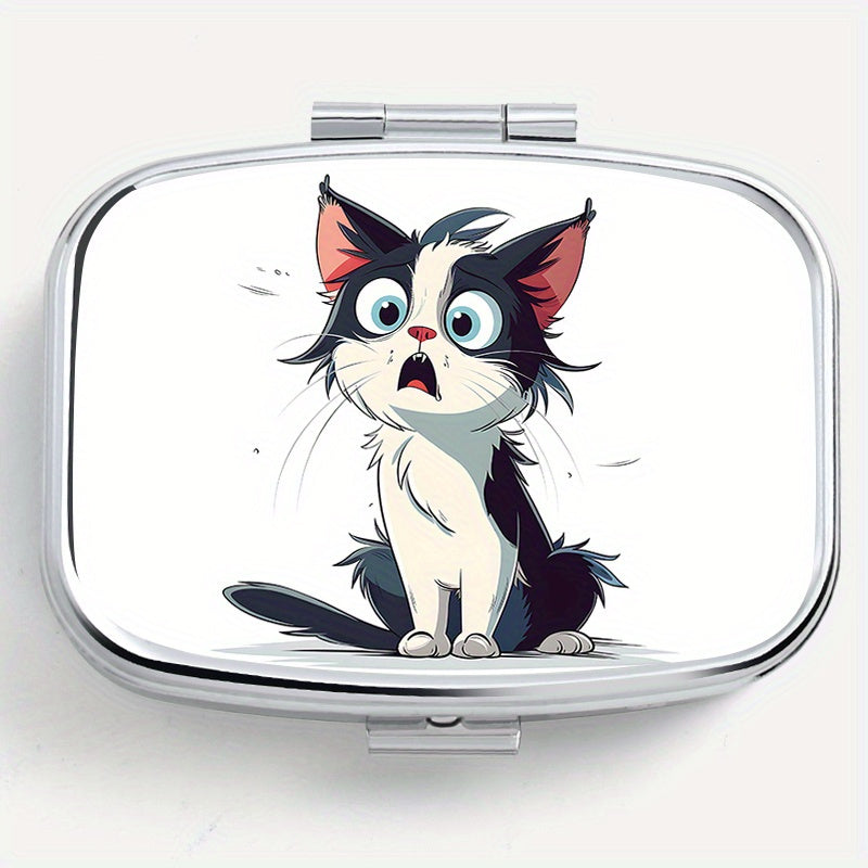 Surprised Cat Print Two Compartment Pill Box Mini Portable Travel Outdoor Sports