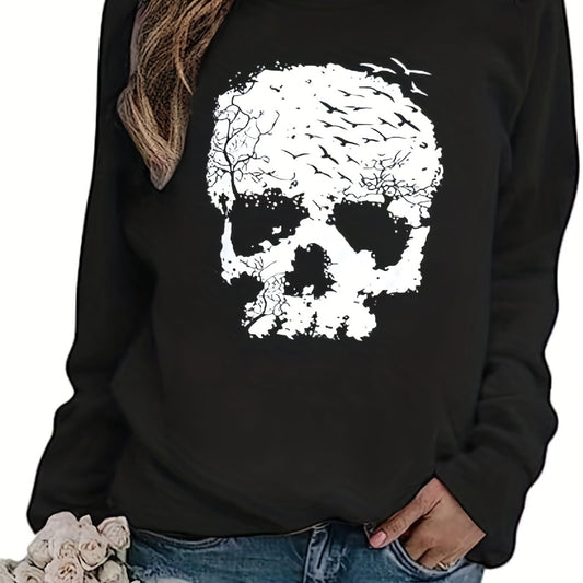 Halloween Skull Print Sweatshirt Long Sleeve Crew Neck Fall Winter Women's Cloth