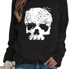 Halloween Skull Print Sweatshirt Long Sleeve Crew Neck Fall Winter Women's Cloth