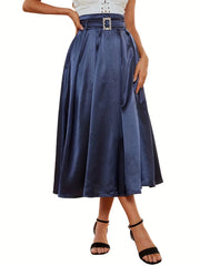 Solid Satin Midi Skirt High Waist Pleated Swing Style
