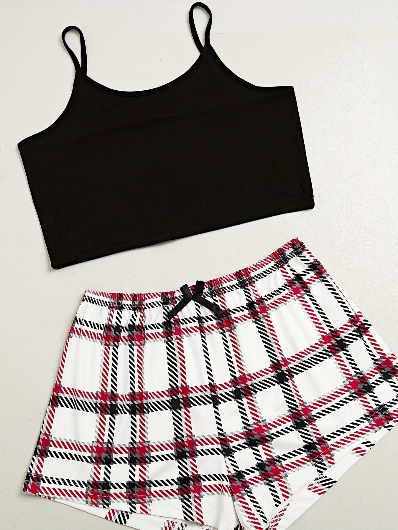 Plaid Print 3-Piece Sleep Set: Cami Top, Bow Shorts, Lounge Pants