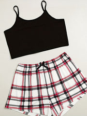 Plaid Print 3-Piece Sleep Set: Cami Top, Bow Shorts, Lounge Pants