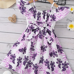 Toddler Girls Ruffle Trim Cold Shoulder Flower Graphic Princess Dress