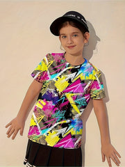 Girls Boys 3D Graffiti Print Short Sleeve T-shirt Summer Sports