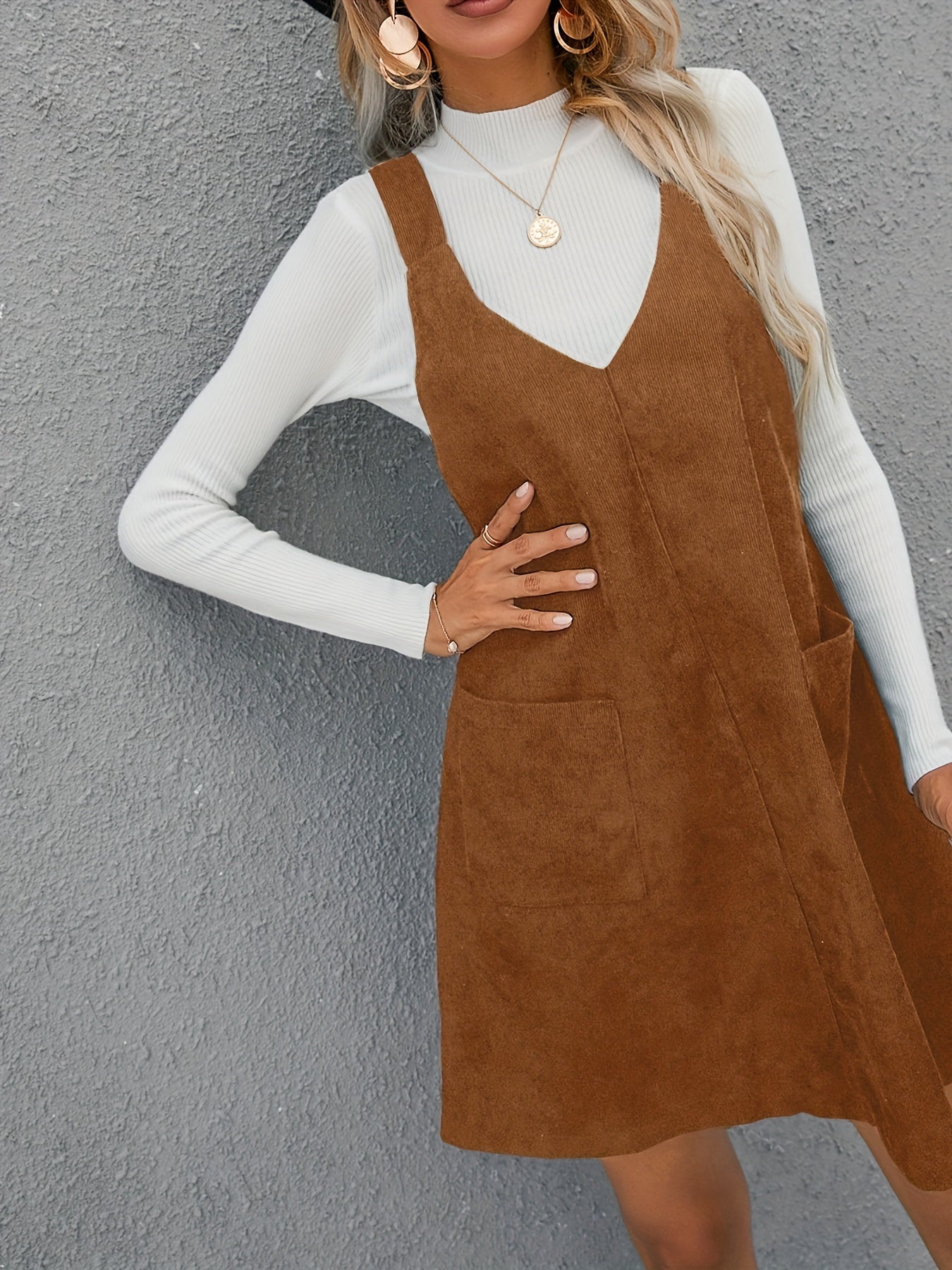 V Neck Corduroy Overall Dress With Pockets