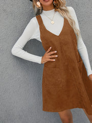 V Neck Corduroy Overall Dress With Pockets