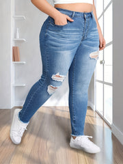 Women's Plus Stretch High Rise Button Fly Fringe Skinny Jeans