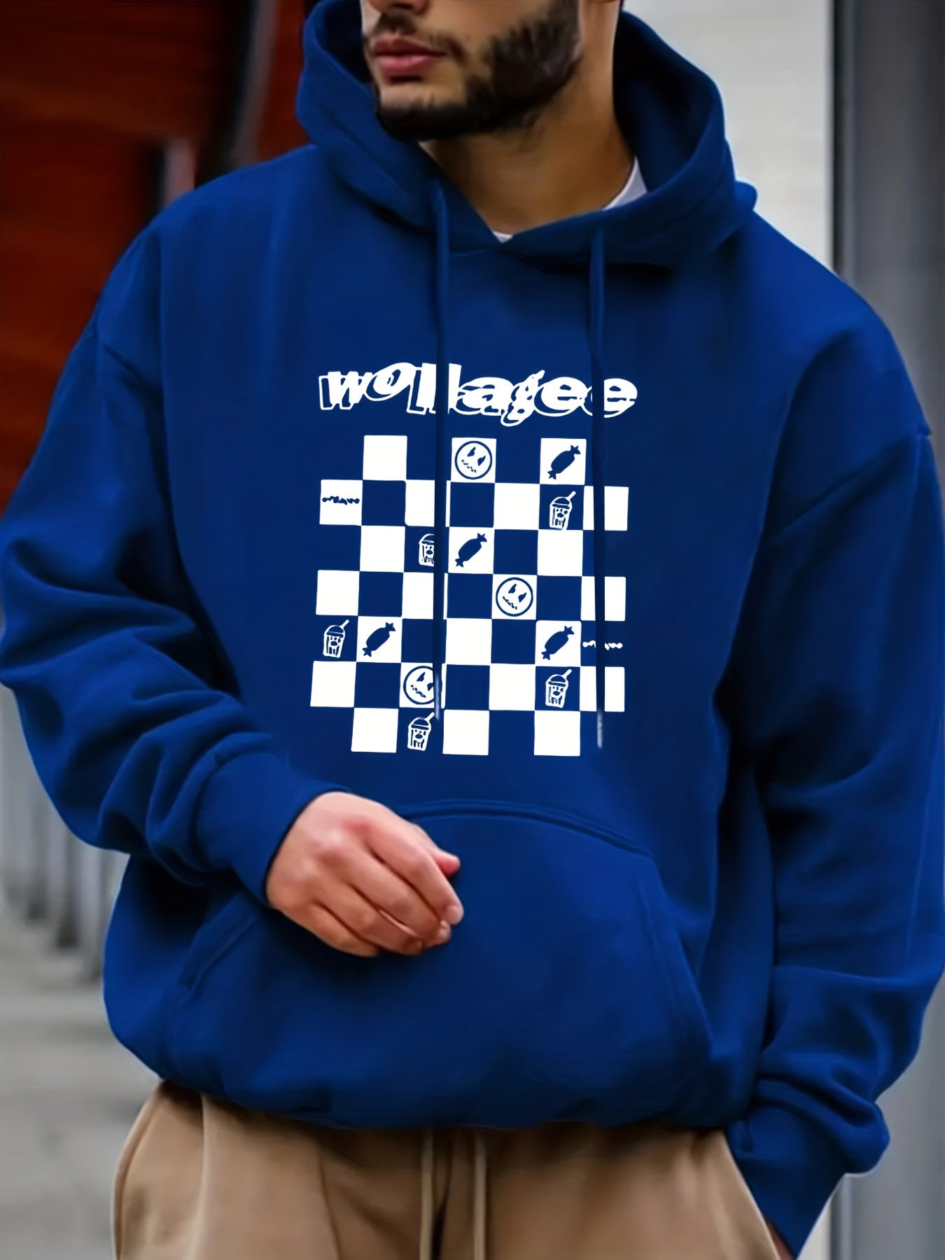 Checkerboard Print Hoodie Men's Casual Graphic Pullover Hoodie