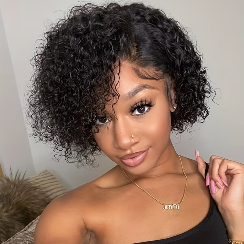 Brazilian Human Hair Pixie Cut Wig with T Part Lace Front Short Curly Wig