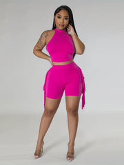 Solid Crop Top & Tassel Shorts 2pcs Set