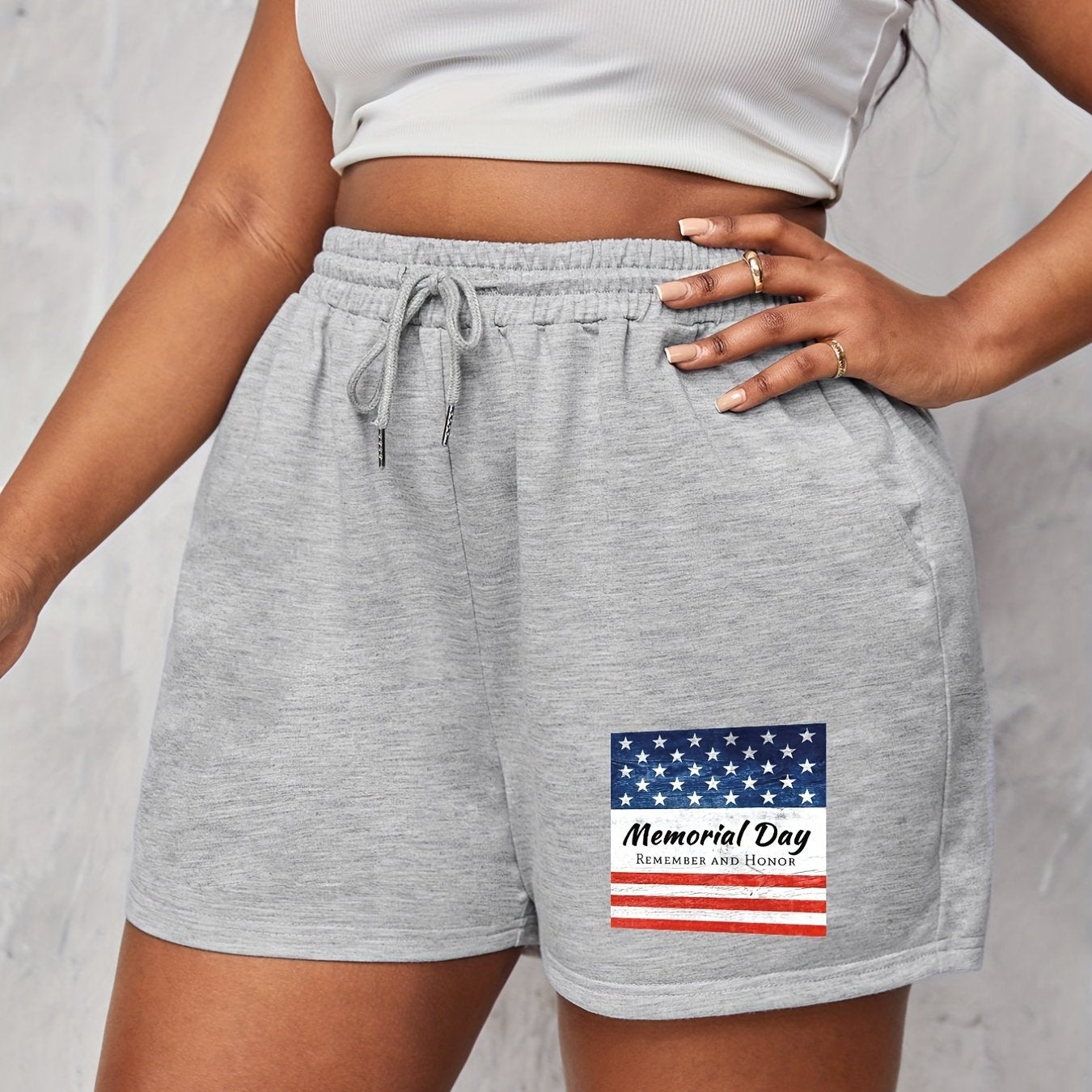 Flag Print Drawstring Shorts Women's Memorial Casual Slight Stretch