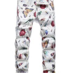 Insect Pattern Cotton Jeans Men's Casual Allover Print Denim Pants