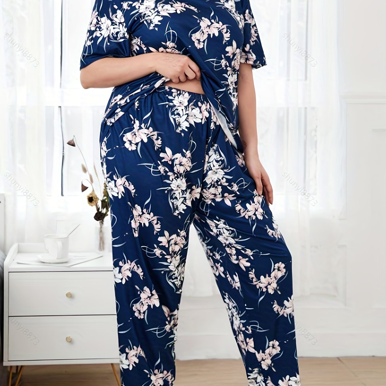 Floral Print Plus Size Lounge Set Short Sleeve Round Neck T shirt & Pants