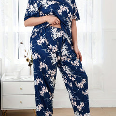 Floral Print Plus Size Lounge Set Short Sleeve Round Neck T shirt & Pants