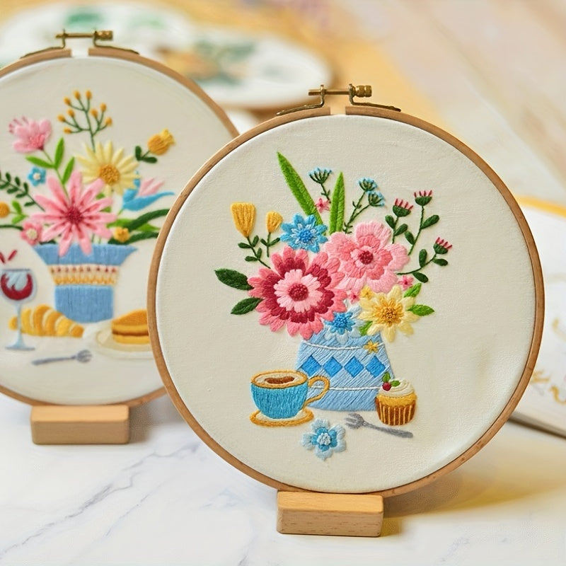 DIY Flower Embroidery Kit w/ Wrapping Paper Cloth & Hoop Threads - 2pcs