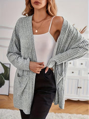 Solid Ribbed Long Sleeve Open Front Cardigan With Pockets