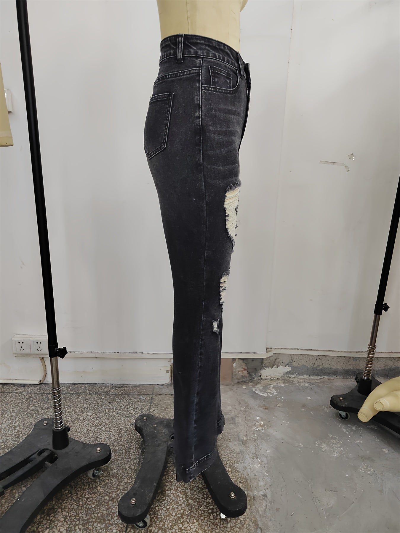 Vintage Flare Leg Ripped Jeans Distressed High Rise Whiskering Bell Botton Retro