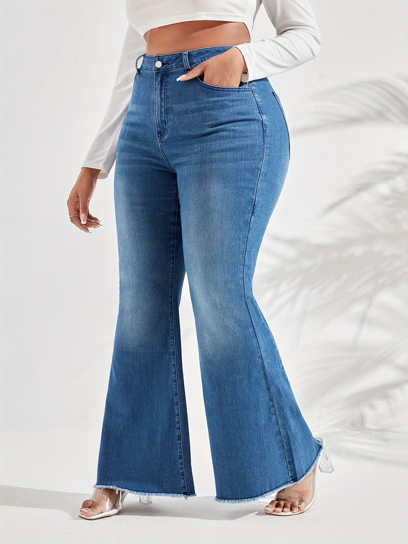 Washed Button Fly Flared Leg Jeans with Fringe Trim