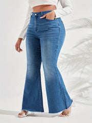 Washed Button Fly Flared Leg Jeans with Fringe Trim