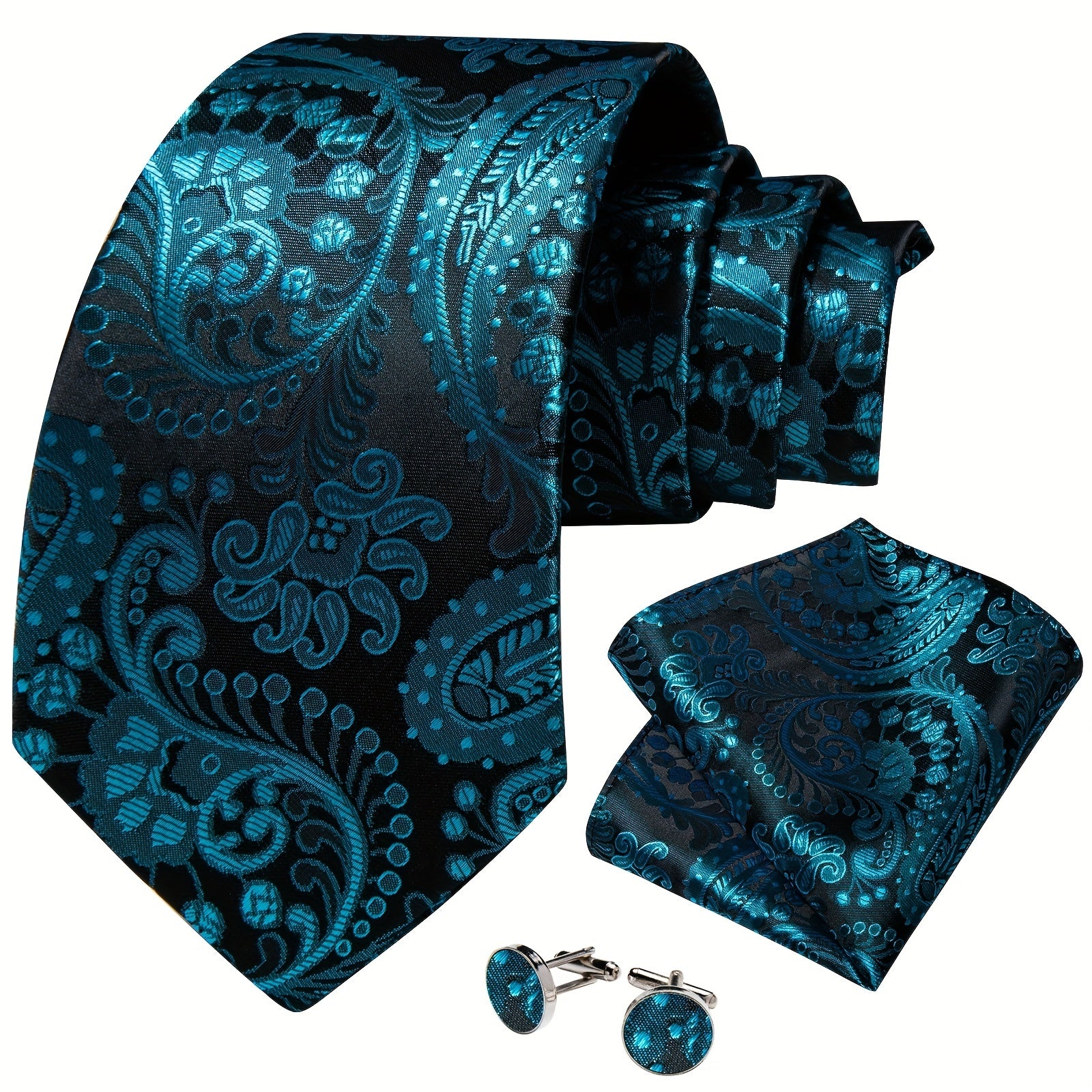 Men's Paisley Silk Tie Set with Handkerchief Cufflinks Ring