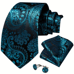 Men's Paisley Silk Tie Set with Handkerchief Cufflinks Ring