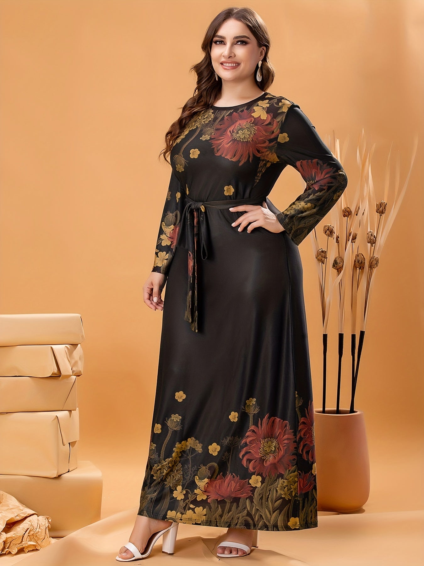 Floral Print Long Sleeve Maxi Dress With Belt