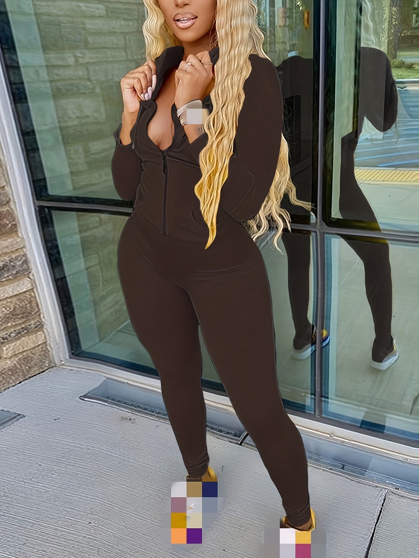 Solid Zip Up Long Sleeve Top And Pants Set