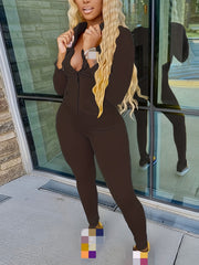 Solid Zip Up Long Sleeve Top And Pants Set