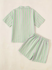 Boys Stripe Button Down Shirt&Shorts Set Summer Kids Clothing