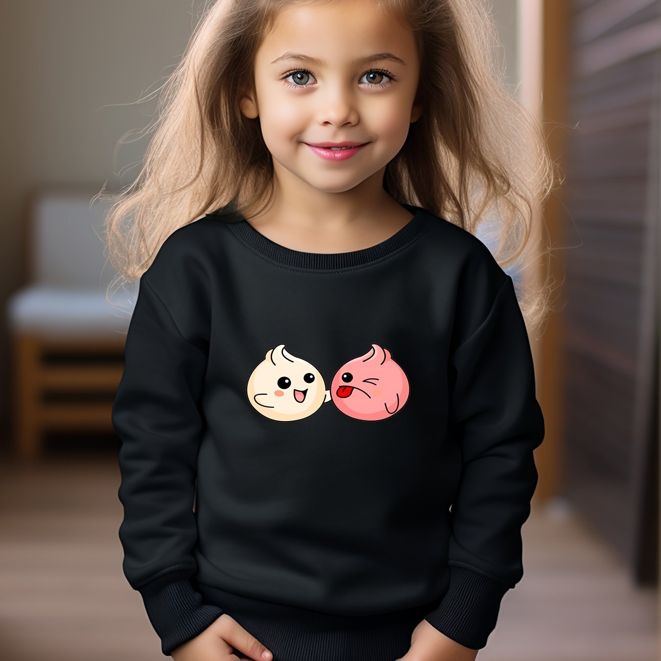 Girls Cartoon Buns Sweatshirt Crew Neck Tops for Fall Winter