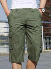 Geometric Pattern Cotton Cargo Shorts Men's Casual Pocket Waist Drawstring Cargo