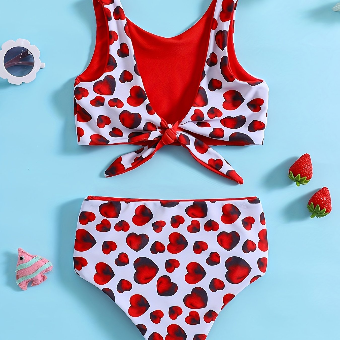 2pcs Heart Graphic Girls Bikini Swimsuit Set Beach Vacation Gift