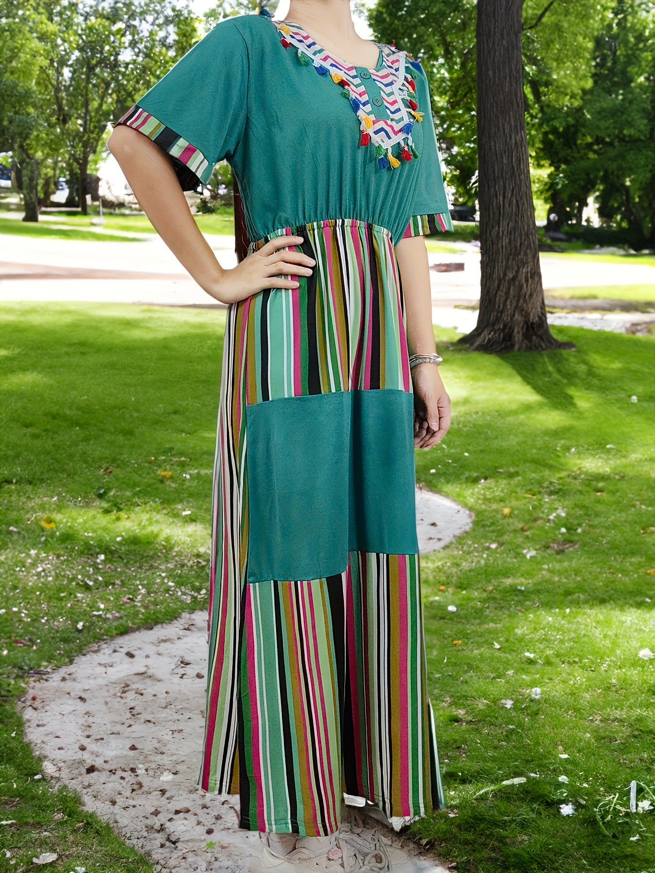 Retro Abaya Dress Women's Plus Colorful Striped Tassel Decor