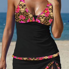 Gothic Tankini Set Floral Skull & Leopard Print V Neck Cami Top & Draw