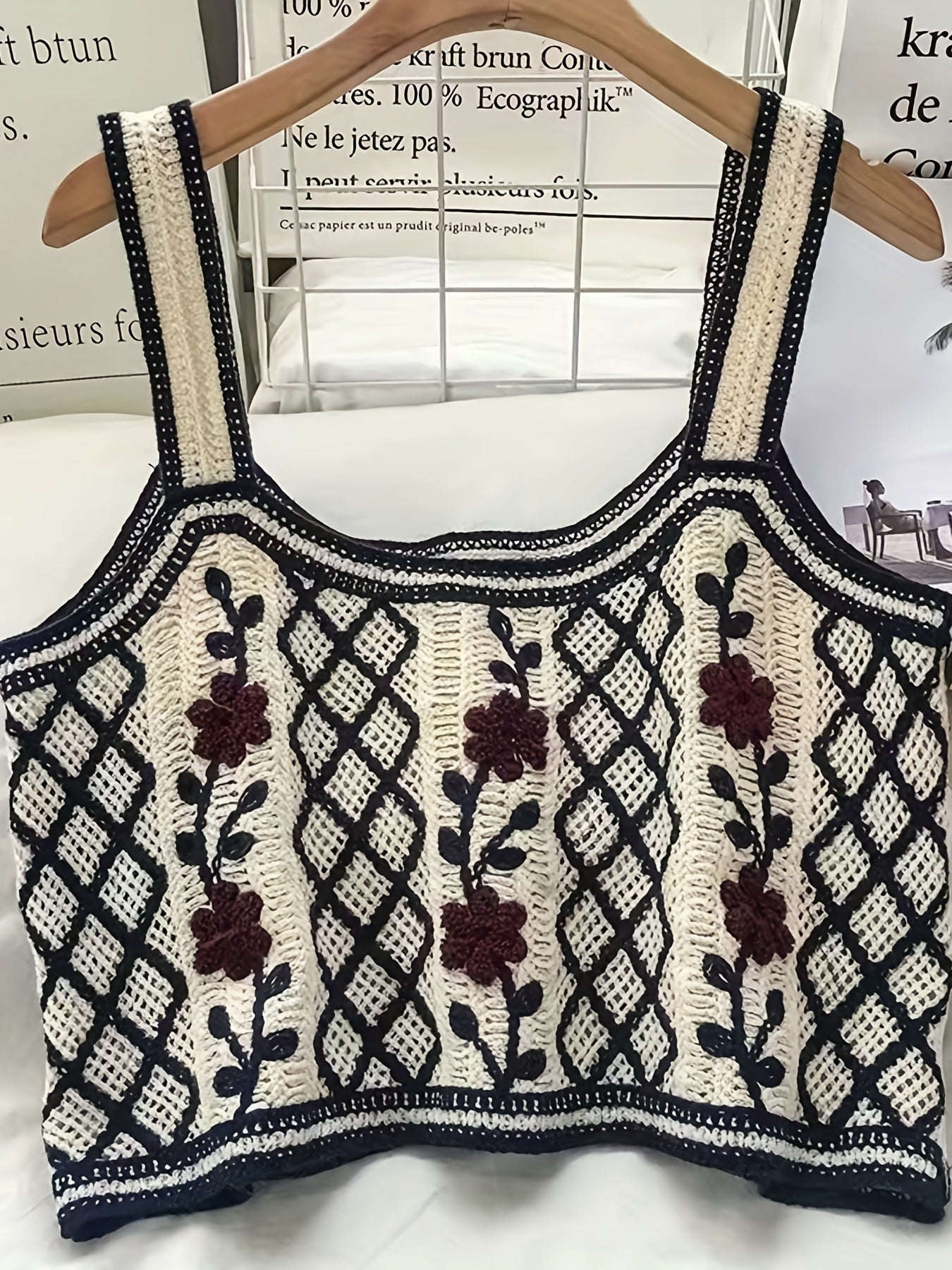 Flower Embroidered Crop Tank Top Casual Beach Wear Contrast Trim Tank Top