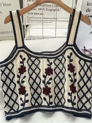 Flower Embroidered Crop Tank Top Casual Beach Wear Contrast Trim Tank Top
