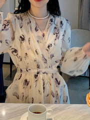 Floral Print Surplice Neck Dress Chiffon Long Sleeve