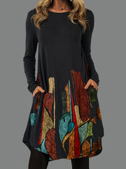 Graphic Print Long Sleeve Round Neck Dress With Pockets