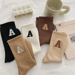 5 Pairs A Embroidery Socks Comfy Cotton Mid Tube Stockings