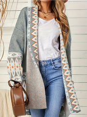 Geometric Print Open Front Cardigan with Pockets