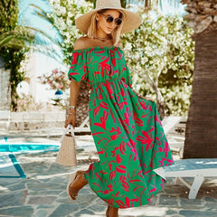 Graphic Print Off Shoulder Maxi Dress High Waist Vacation Puff Sleeve
