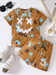 Boy's Cartoon & Smile Graphics 2PC Short Sleeve T Shirt & Shorts Set