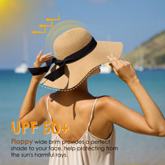 Women's Floppy Sun Hat Ribbon Bowknot Wide Brim Straw Hat