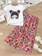 Girl's 2pcs T Shirt & Pleated Wide Leg Pants Set Anime Print Top Casual Outfits