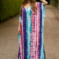 Boho Cover Up Tie Dye Stripe Print V Neck Bat Sleeve Split Dress