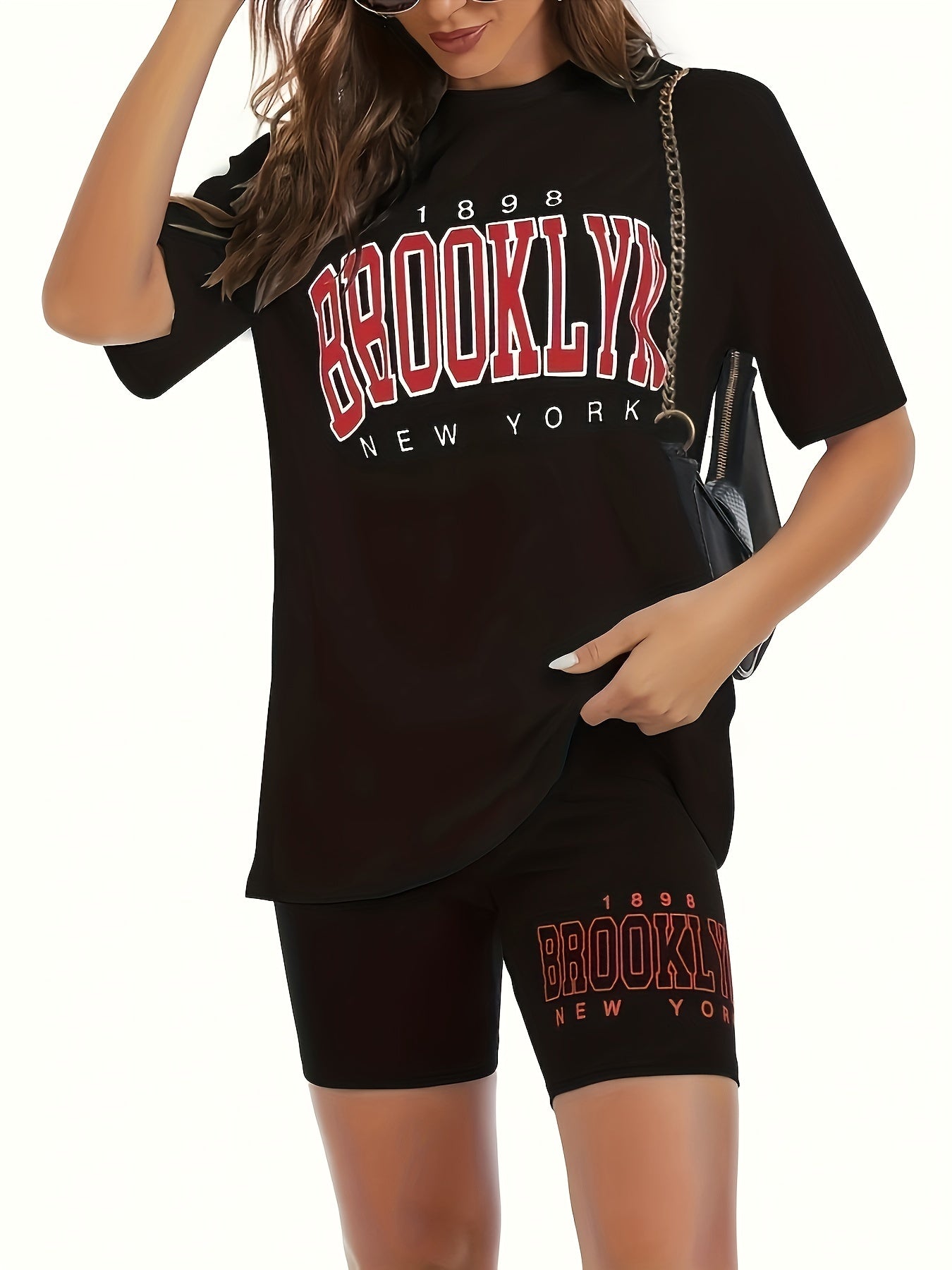 Women's Plus Size Letter Print Tee & Biker Shorts Set