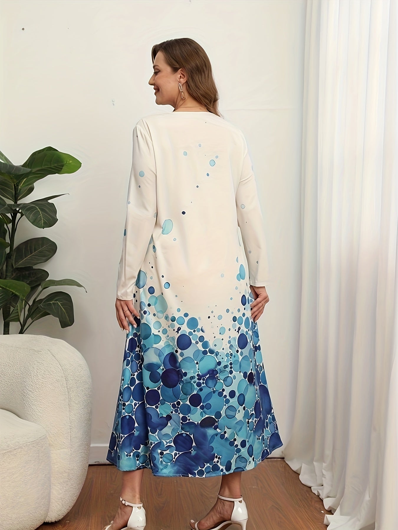 Casual Dress Women's Plus Dot & Ombre Print Long Sleeve V Neck Dress