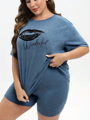 Kiss & Letter Print Tee & Biker Shorts Pajama Set