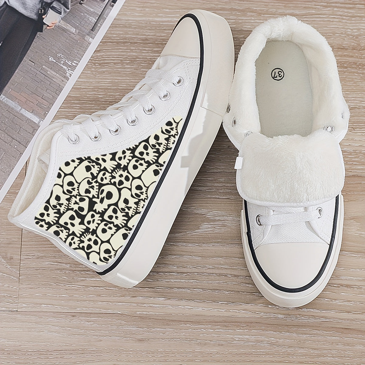 Skull Print Plush Lined Thermal Chunky Canvas High Top Sneakers