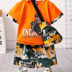 Boys Motorcycle Casual Outfit with T-shirt, Shorts & Bag for Summer Kids